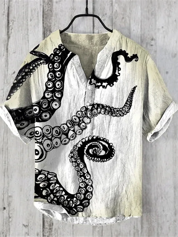 

2024 New Summer Men's Short sleeved Linen Shirt with Water Monster Pattern Printed in European and American Popular Styles