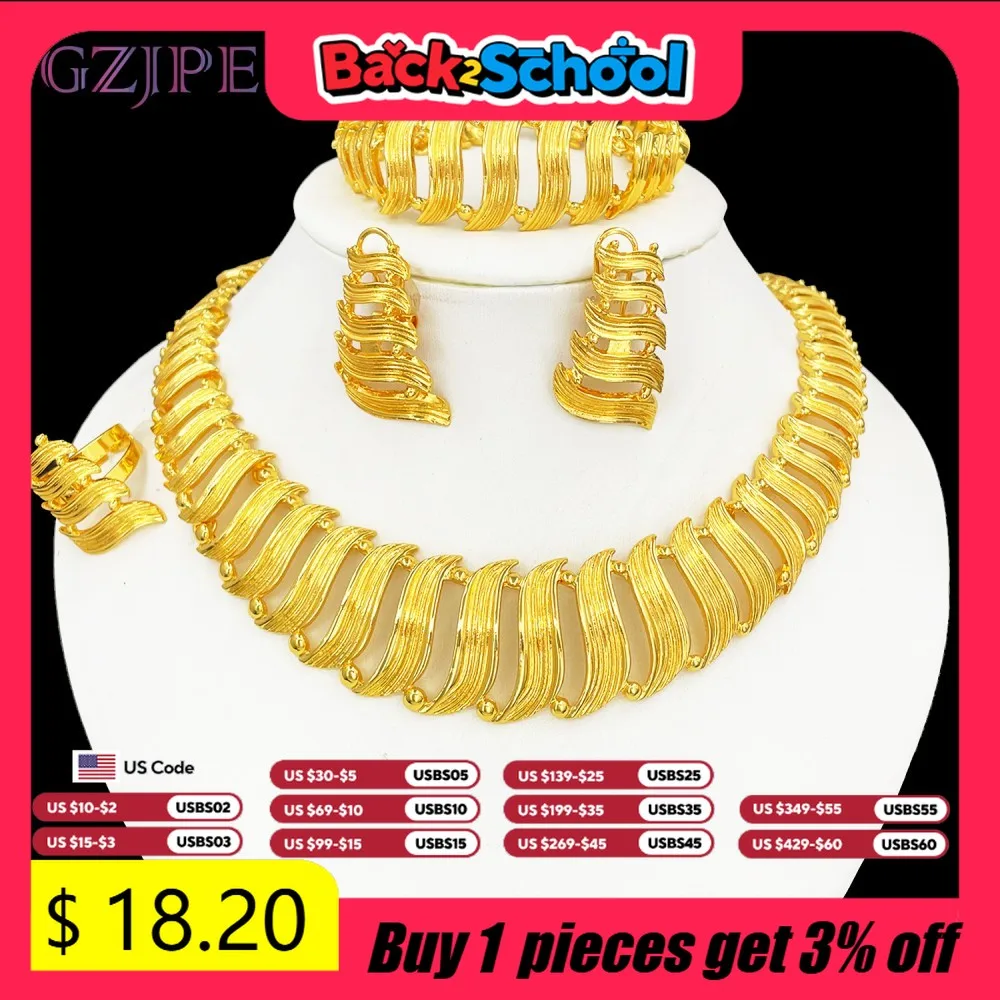 

GZJPEI 2025 New Big Jewelry Set Dubai Nigeria 18K Gold Plated Necklace Bracelet Earring Ring For Women Wedding Jewellery Gift