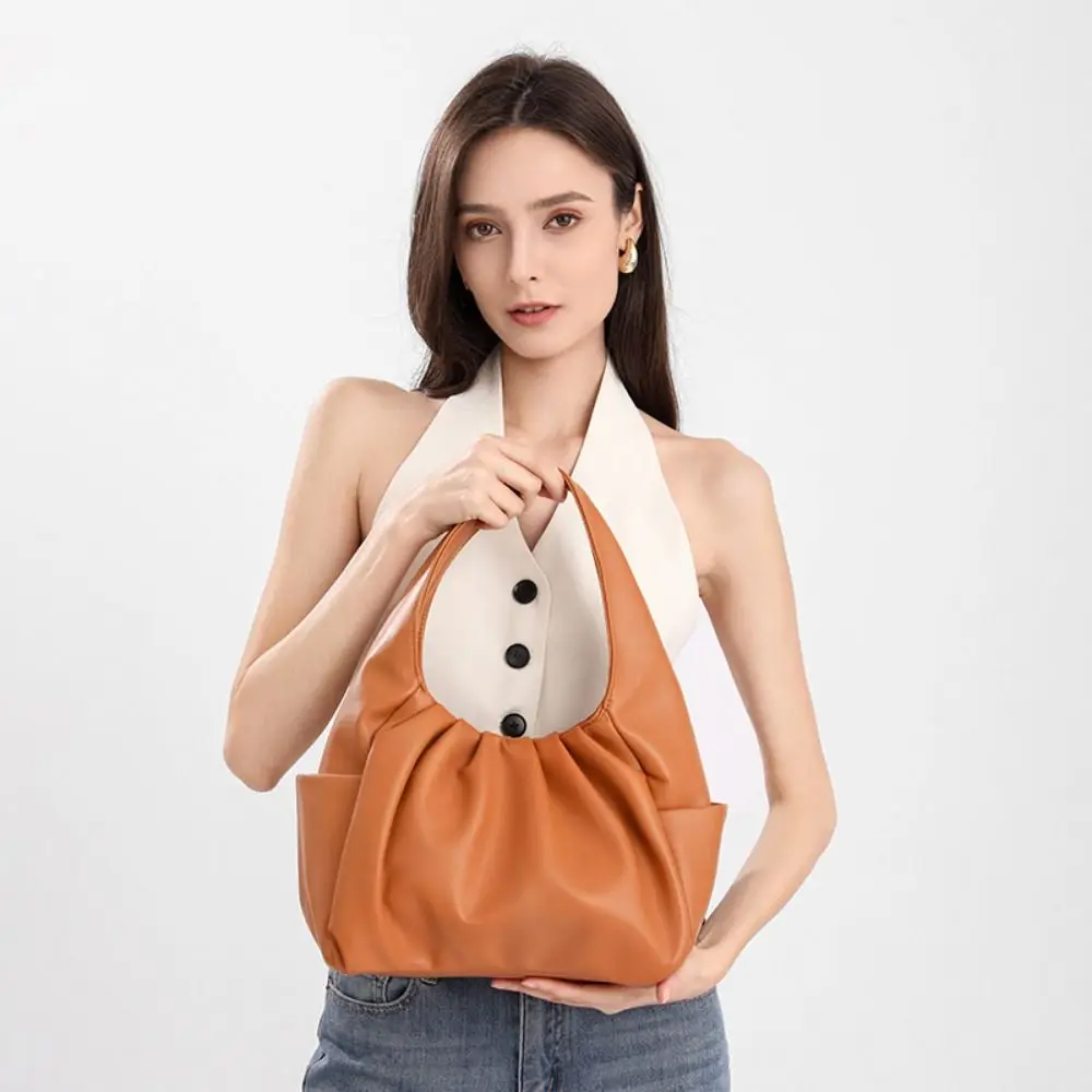 

Korean Style Pleated Handbag Underarm Bag Shoulder Bag Croissant Cloud Bag Single Shoulder Crescent Moon PU Leather Underarm Bag
