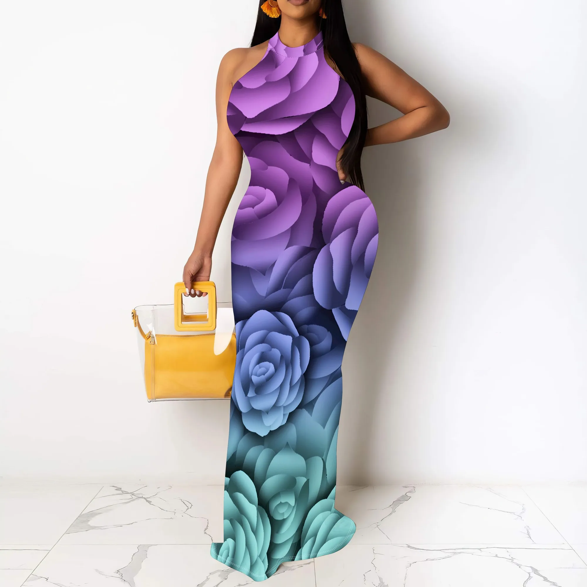 

Nupusa Gradient Rose Print Dress for Women Regular Size Summer Casual Halter Neck Sleeveless Maxi Dress
