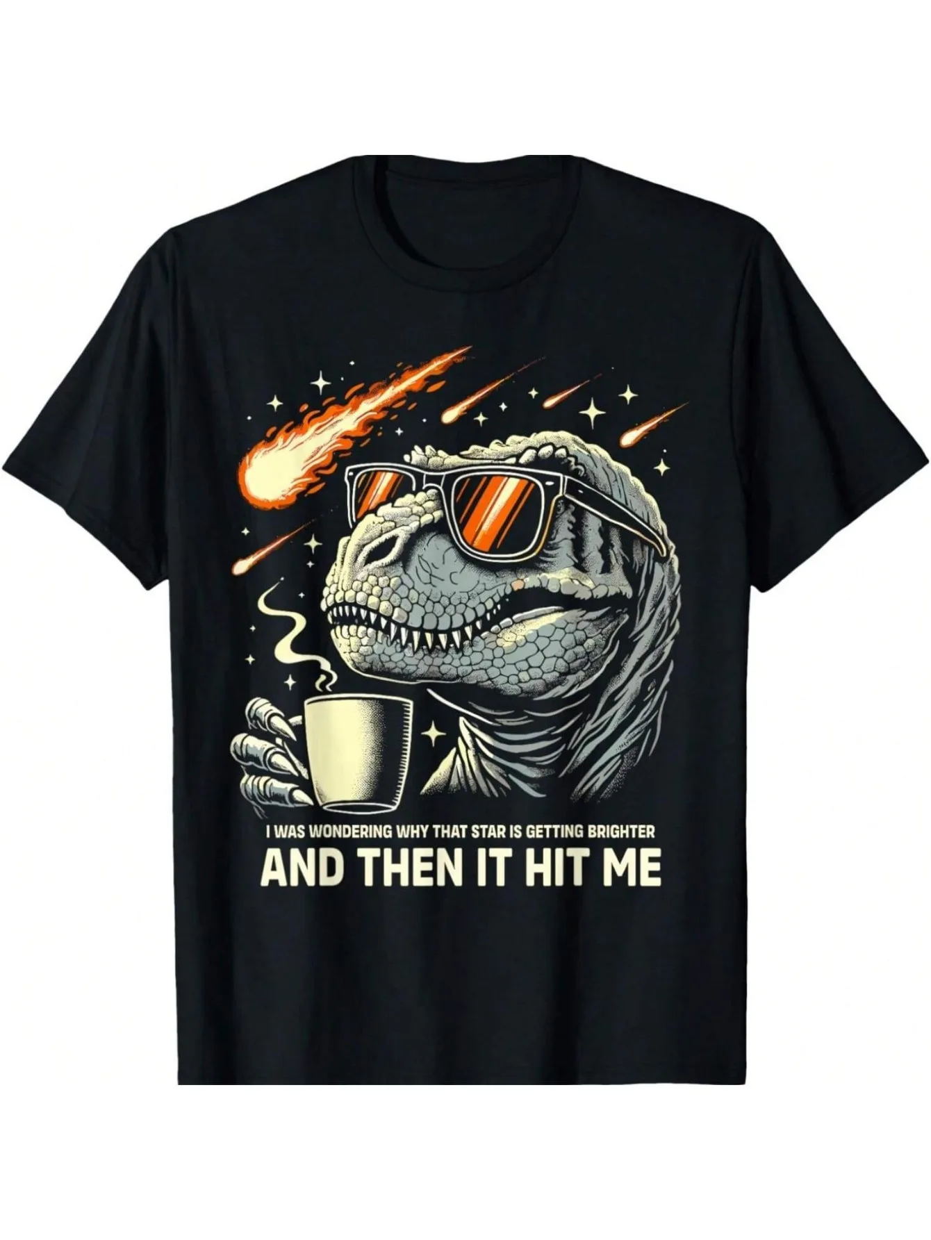 Humorous T-Rex Dinosaur Tee for Men - Witty Paleontologist Quote And Mass Extinction Humor, Black Short Sleeve Casual Shirt Featuring Meteor Shower And Coffee Mug Graphic, Easy to Wash Regular Fit Gift for Dinosaur Enthusiasts