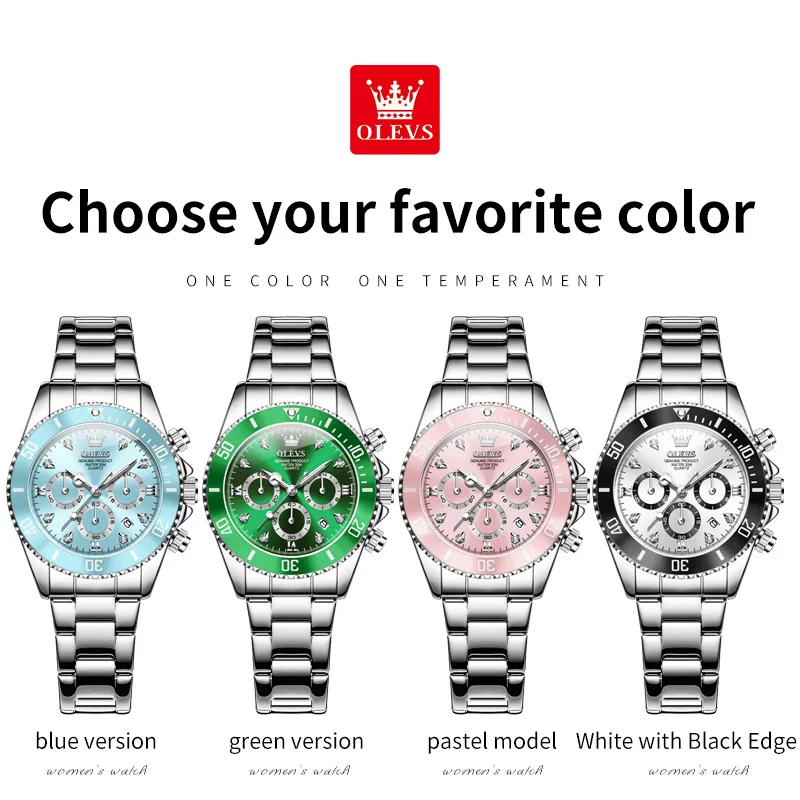 OLEVS Original Brand Women's Watches Classic Three Eye Dial 30m Waterproof Quartz Watch Luminous Date Chronograph Wrist Watch