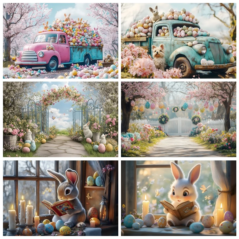

Easter Backdrop Spring Garden Photography Backdrop Bunny Blue Sky Flowers Colorful Eggs Background Easter Theme Party Backdrop
