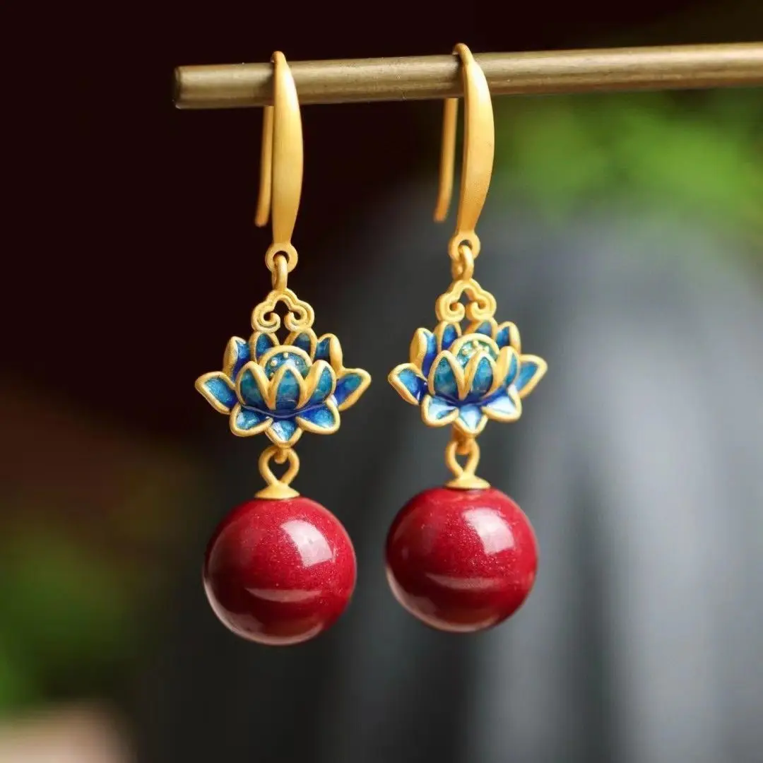 Original New S925 Sterling Silver Gold-Plated Inlaid Purple Gold Sand Red Earrings Women's National Fashion Blue Lotus Earrings