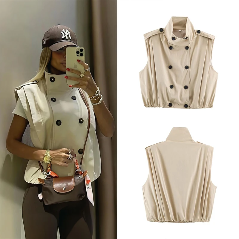 Guobioziy Women's Slim-Fit Pleated Button Vest Jacket 2026 Spring-Autumn New European Casual Fashion Punk Rock High Street Style