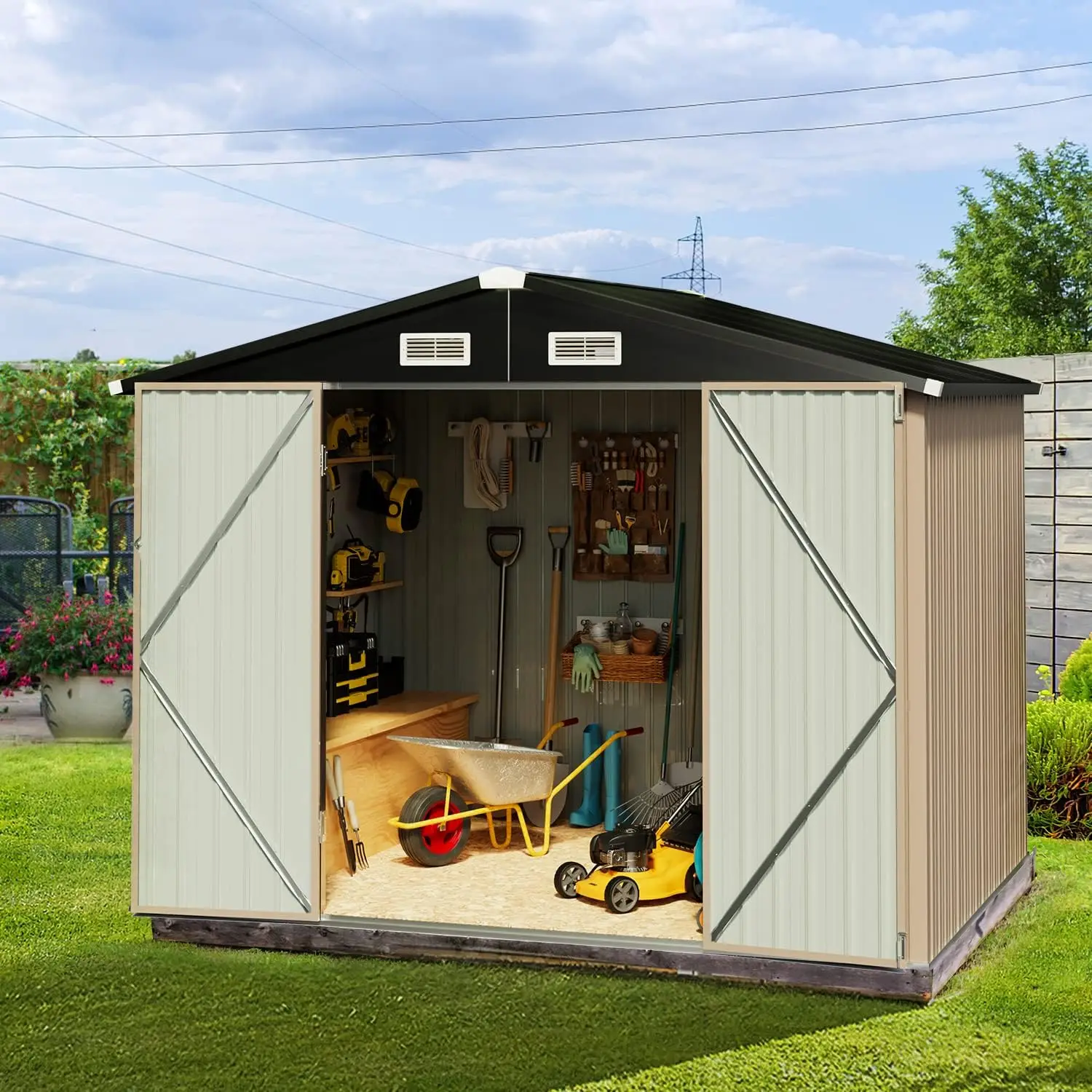 

Aoxun Outdoor Storage Shed,8.1 x 5.3 FT, Garbage Can,Outdoor Metal Shed for Tool,Garden,Bike, Brown