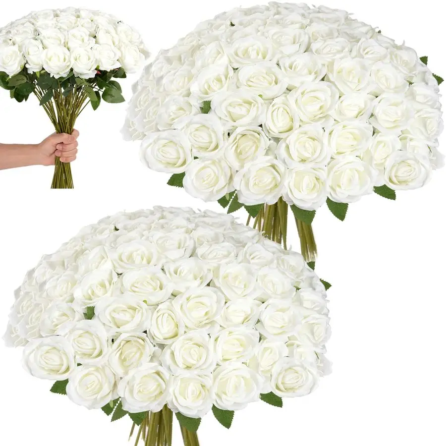 

Roses Artificial Flowers Bulk, 52Pcs Fake Roses White Flowers, DIY Silk Faux Roses Bouquet, Realistic White Faux Flowers Mohters