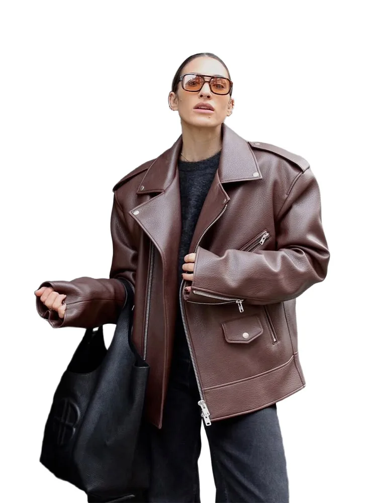 

PU Leather Zipper Motorcycle Bomber Jacket Women Loose Turn Down Collar Pocket Lady Coat 2025 Autumn High Street Ladies Outwears