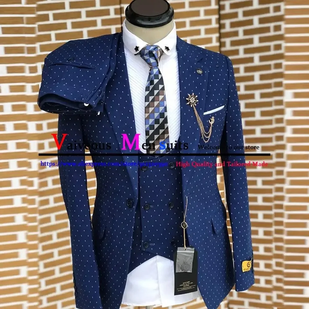 Ternos azuis marinhos masculinos, conjunto de blazer masculino de lapela chique, smoking de casamento casual formal, 3 peças, jaqueta, colete, calça, moda