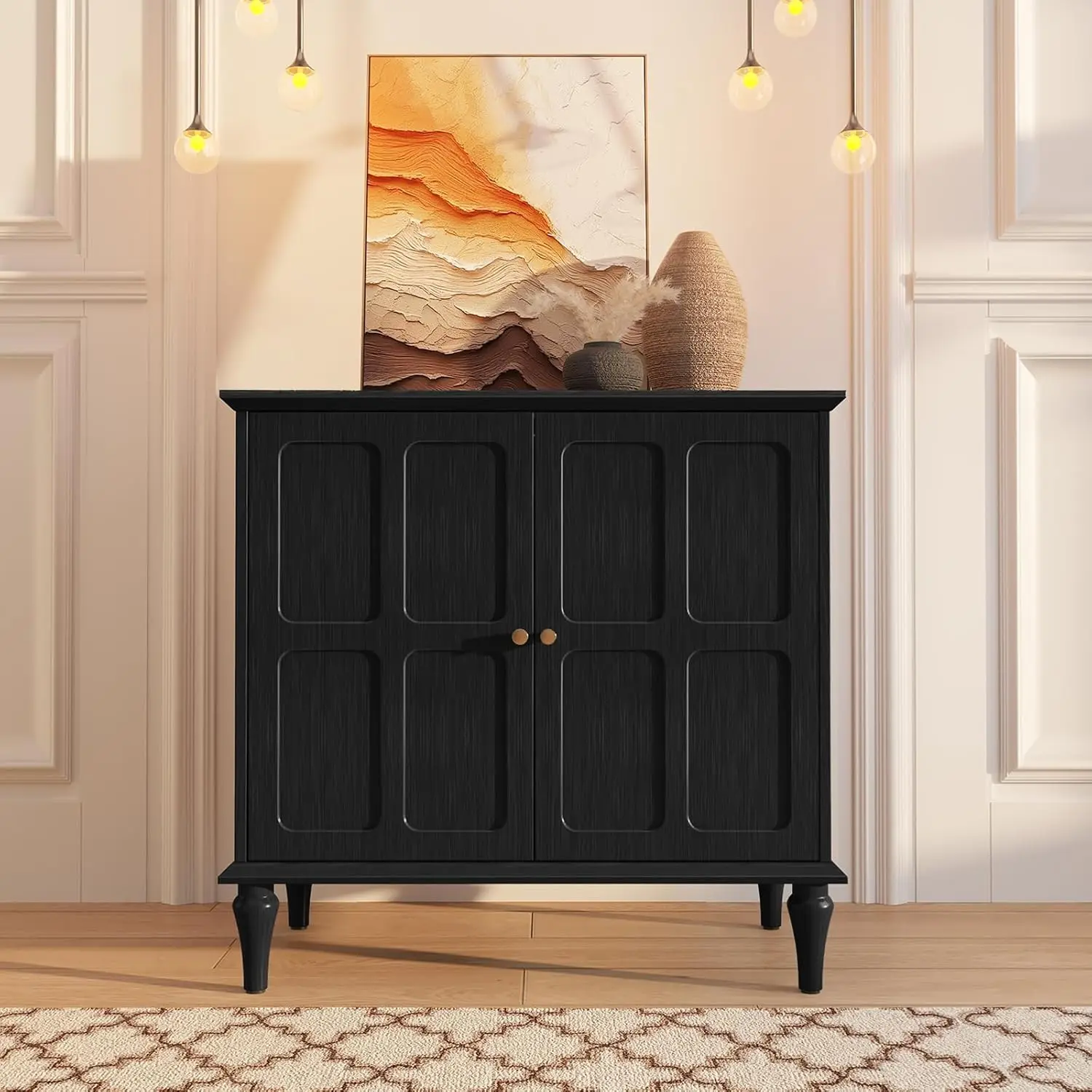 

Black side panel buffet cabinet with storage space, medieval modern double door adjustable shelf storage cabinet