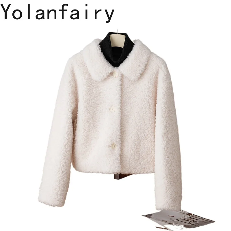 YOLANFAIRY Casual 100% Wool Coats for Women 2025 Winter Short Sheep Shearing Jacket Woman Lapel White Fur Coats Casaco Feminino