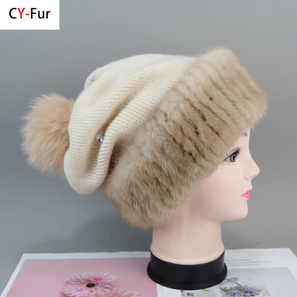 

Top Quality Women's Winter Knitted Wool Belend Patchwork Real Mink Fur Hat Cap Natural Fox Fur Pom Poms Beanie Lady Fashion