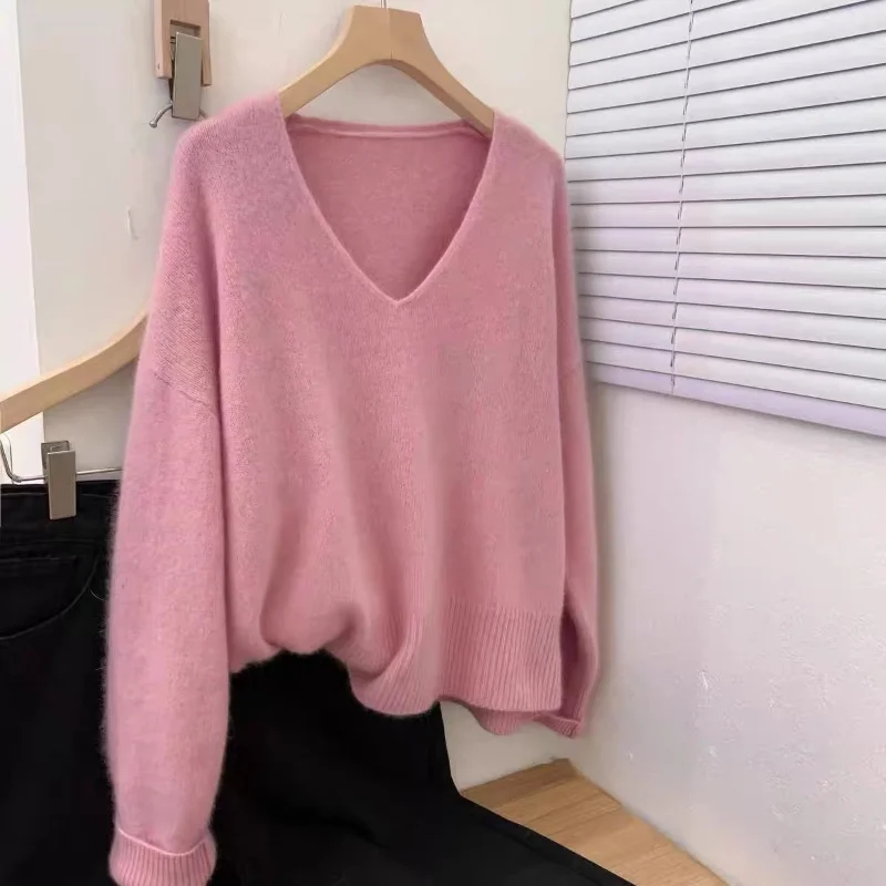 

100% Merino Wool Pullover Women's Fall/Winter Special Loose Base Cashmere Sweater Temperament Swan Neck V-Neck Knitwear Trend