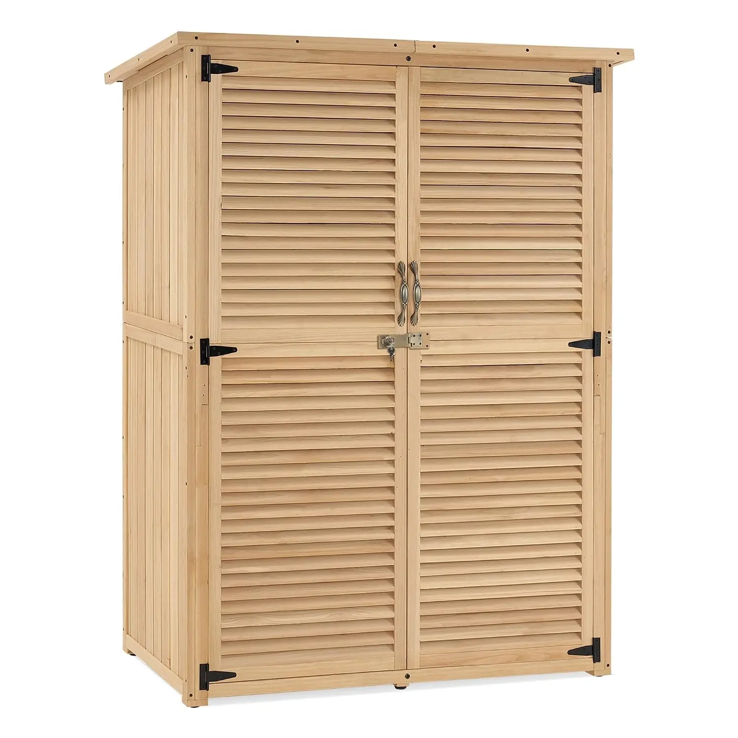 Outdoor Wooden Storage Cabinet, Garden Tool Shed with Latch, Outside Tools Wood Cabinet with Double Doors for Patio