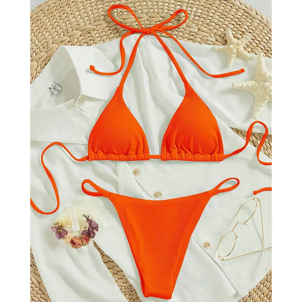

2025 Special Pit Stripe Fabric Bikini Set Women Sexy Simple Solid Halter Bikini Swimsuit High Waisted Lace Up Beach Bathing Suit