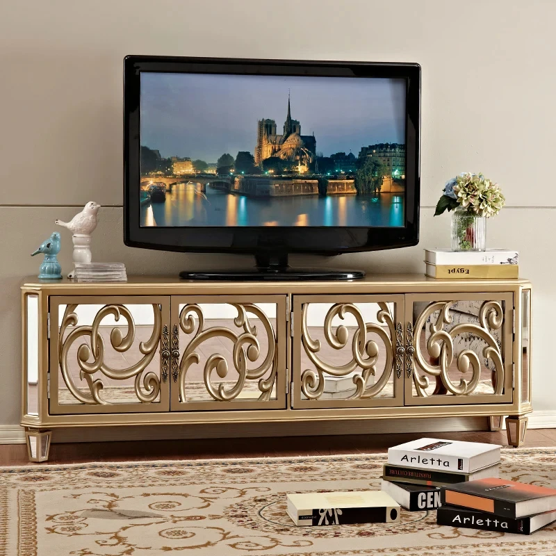 Light Luxury TV Cabinet New Classical Mirror Home Small Apartment Living Room Storage Carved Solid Wood Floor Cabinet