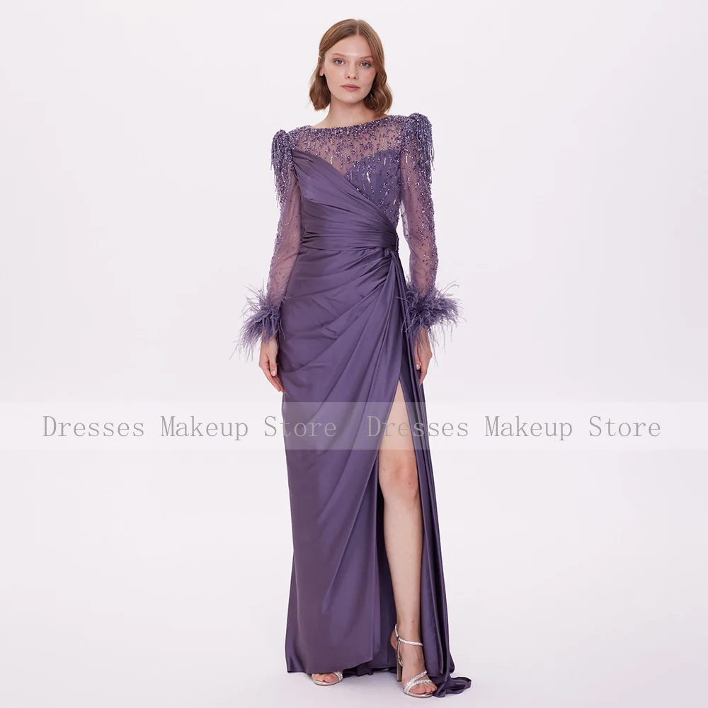 Luxury Evening Dress Purple Satin Beading Full Sleeves Elegant Wedding Guest Gowns for Women 2024 Feather Side Split Party Gown