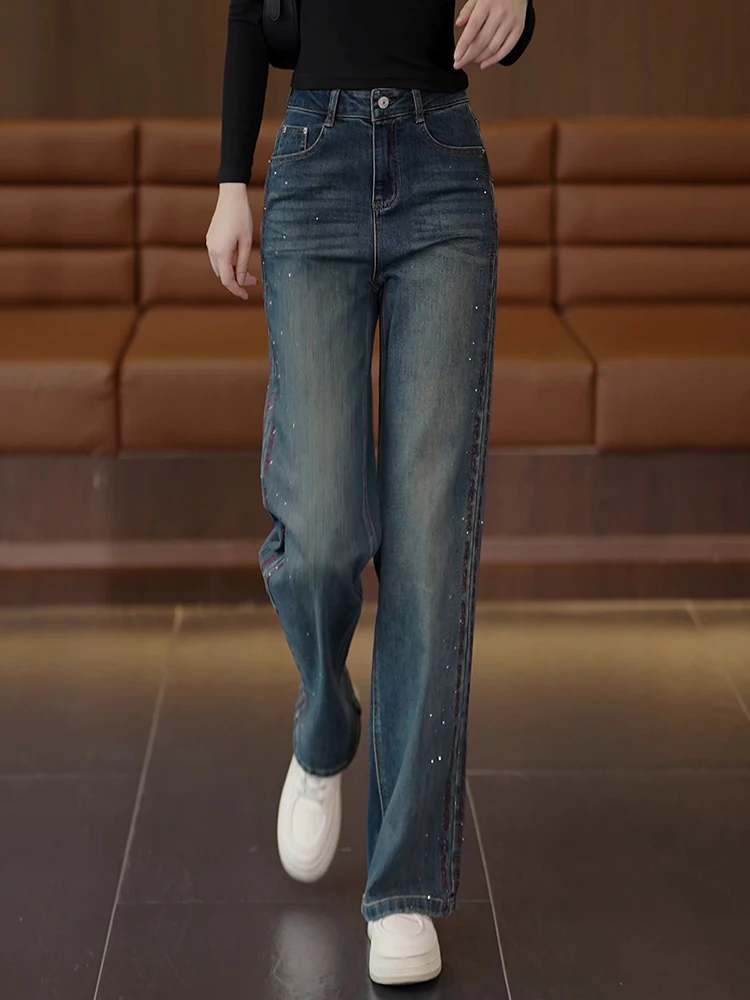 

Retro Slim Wide Leg Denim Jeans Women's Spring Autumn 2026 New Embroidered Rhinestone High Waist Slim Straight Leg Pants