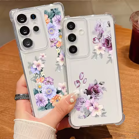 Clear Case For Samsung Galaxy S25 Edge S24 S23 S22 Ultra S24 S21 FE A56 A55 A16 A15 A54 5G Pink Flowers Pattern Soft TPU Cover