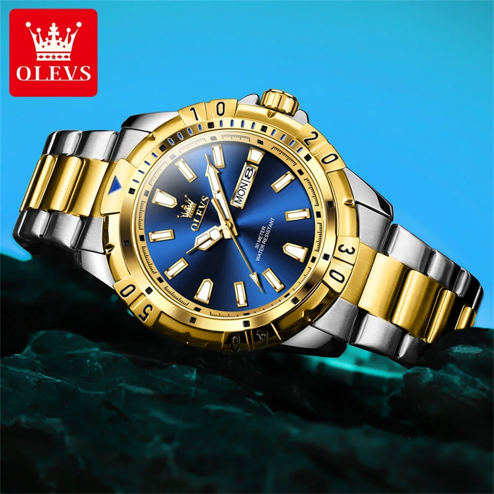 OLEVS 5560 Gold Blue Luminous Flame Design Men\'s Watches Stainless steel Strap Luxury Brand Diving Series Quartz Watch for Men