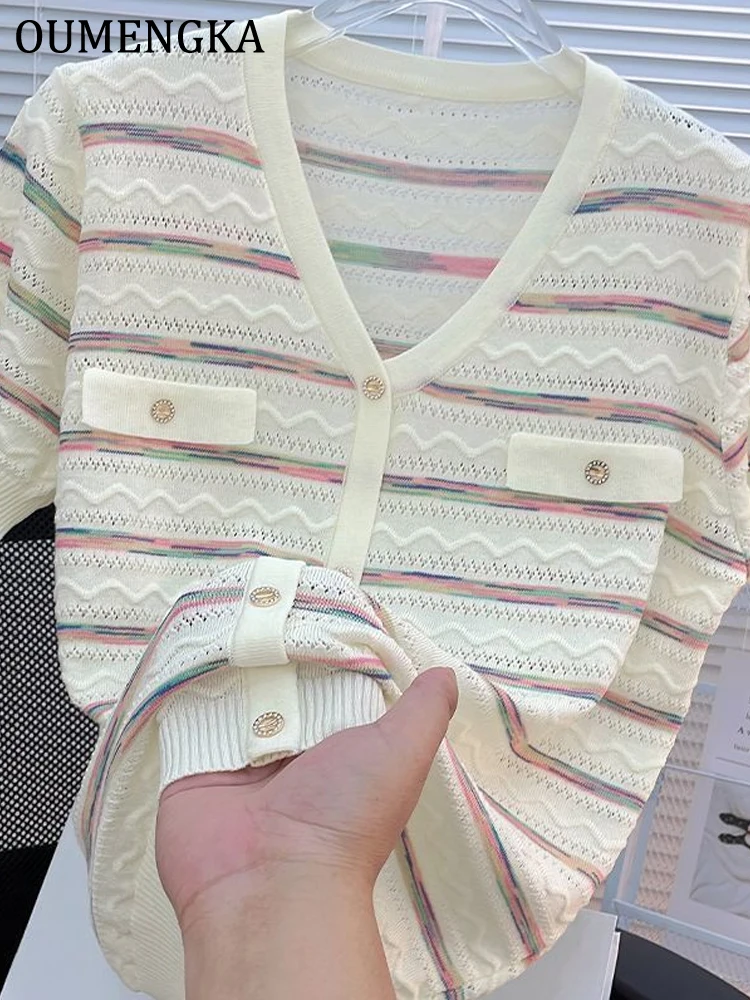 OUMENGKA Women's Summer Striped Crochet Knit Sweater Tops V-Neck Short Sleeve Fake Cardigan T-shirt Outerwear, Chic Fashion