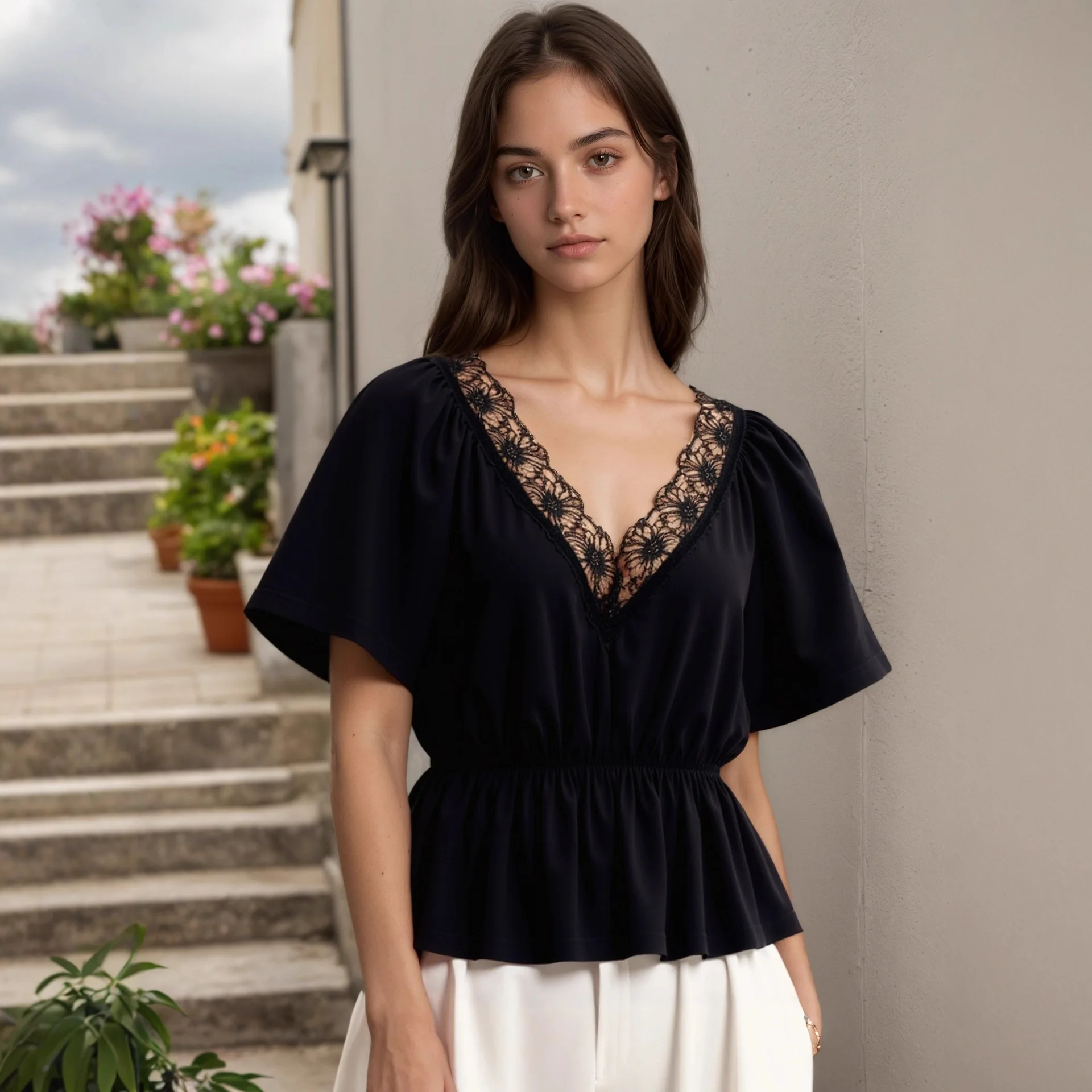 New women's clothing solid color elegant ruffle edge lace detail waist V-neck short-sleeved top