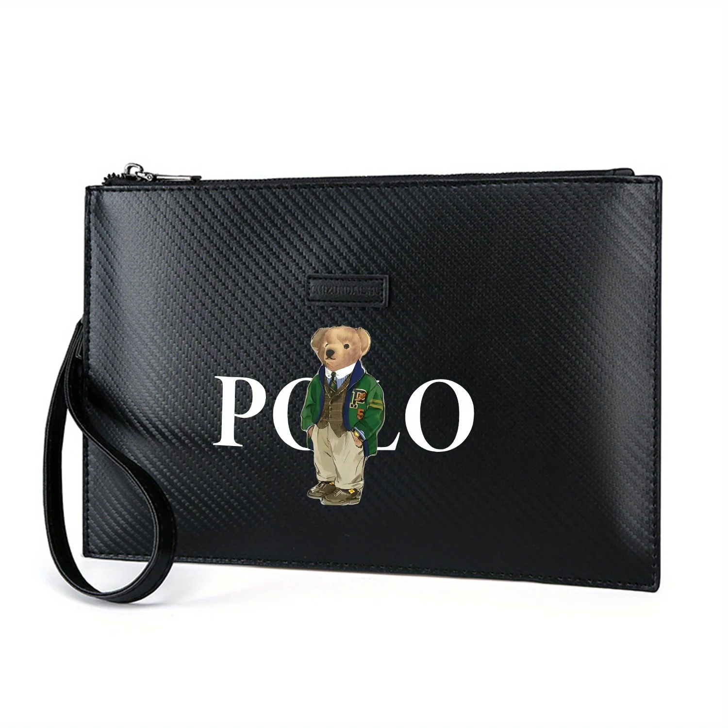 Bear wearing jacket Polo logo Elegant Printed PU Men's Handbag Fashionable and Practical for Everyday Carry