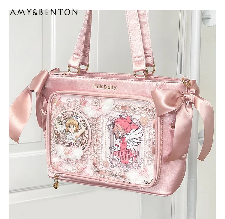 

Sweet Cute Transparent Lolita Crossbody Bag Satin Lace Bow Double Layer Large Capacity Square Bag Preppy Style Kawaii Handbags