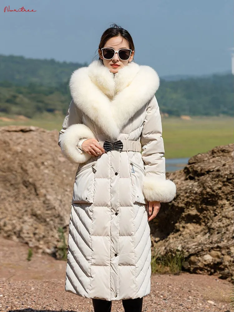 Longer Real fox fur Пуховик coat fluffy 95% down coat female winter fashion Double fox fur collar thicker warm down coat F1815