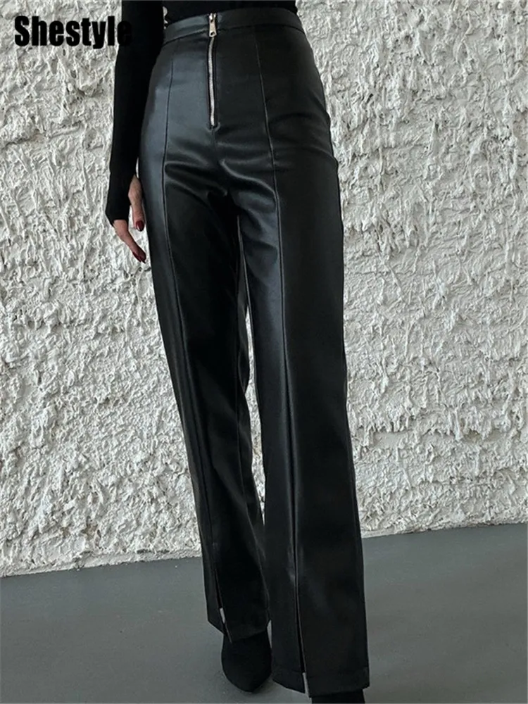 Shestyle Zipper Fly High Waist Straight Pants Women Black PU Leather Solid Streetwear Workwear 2025 Spring Winter Trousers