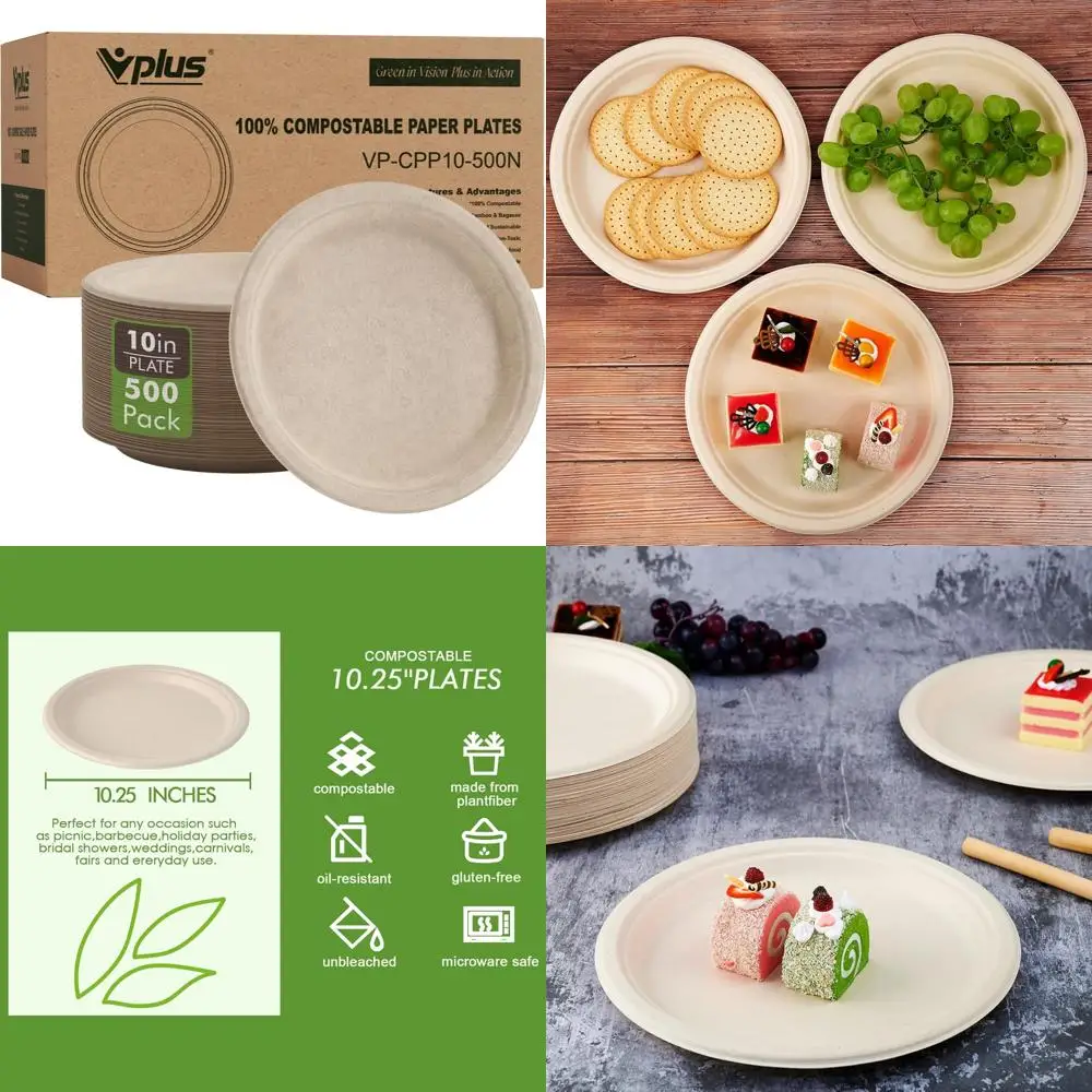 

Compostable 10.25 Inch Disposable Paper Plates - Super Strong, 100% Bagasse, Natural Biodegradable, Eco-Friendly Plates for Part