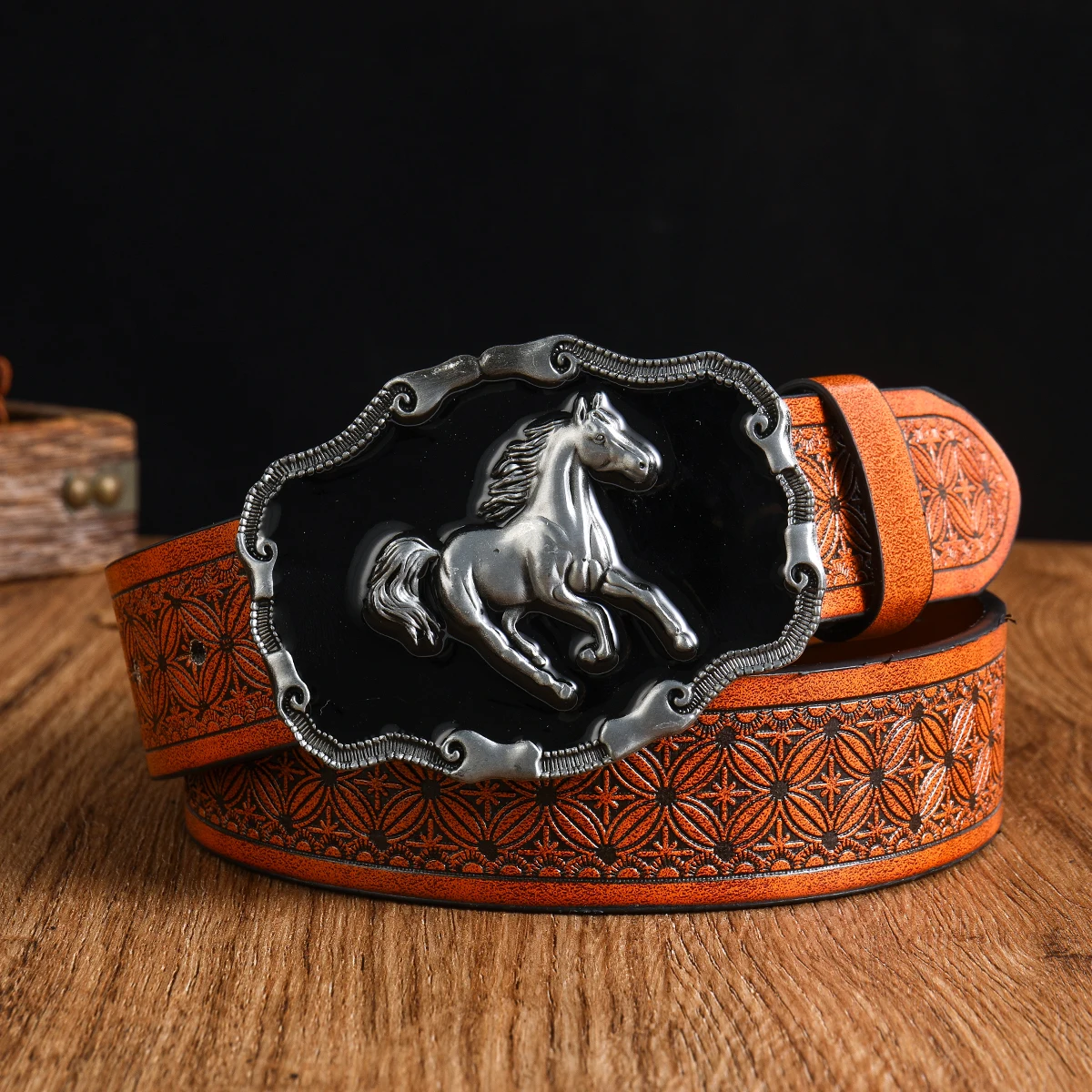 3.7cm wide men\'s and women\'s Western cow head denim style cow scalp buckle trendy belt smooth buckle pattern printing eye round hole style