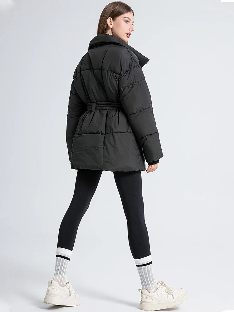 Mode Dames Gewatteerde Jas Herfst Winter Lace Up Stand Kraag Gewatteerde Jas Solid Casual Warm Windjack Bovenkleding Nieuwe Parka's