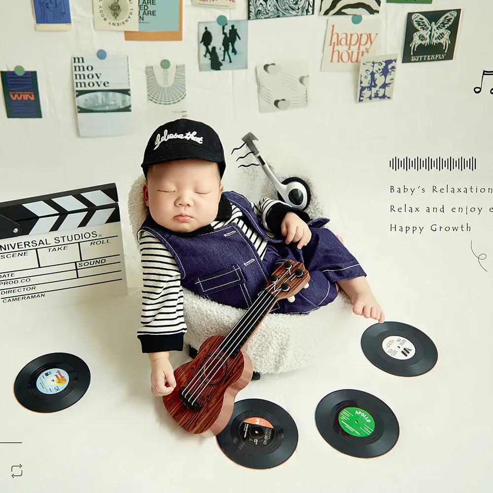 0-1 Month Newborn Photography Props for Boy Music Theme Knitted Baby Outfit with Matching Guitar Studio Accessories for Shooting