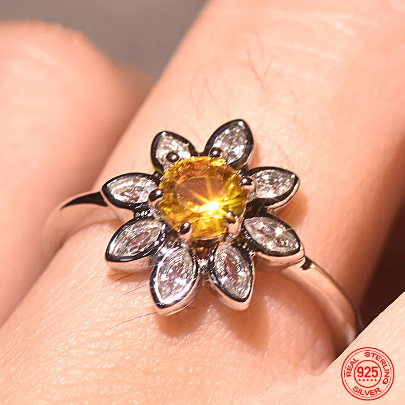 

925 Sterling Silver Yellow Sunflower Zircon Ring For Women Fashion Glamour Gift Wedding Jewelry