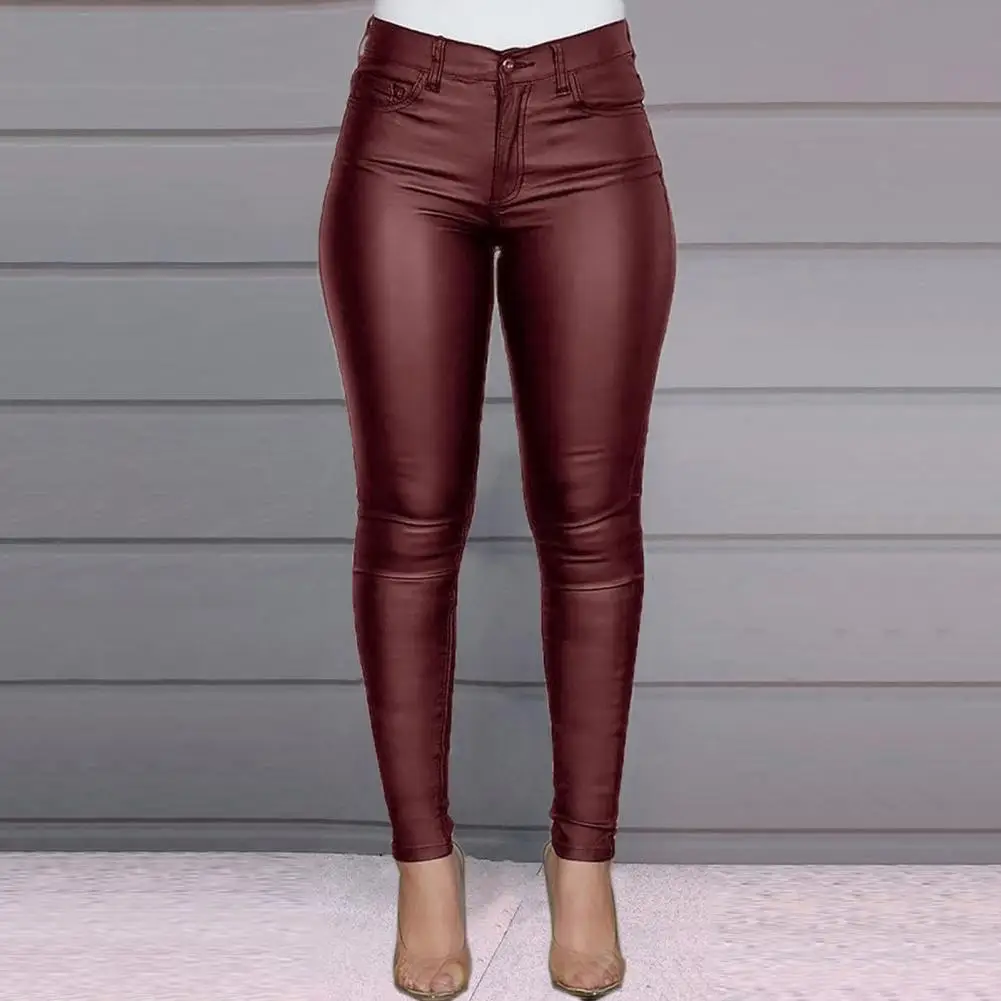 Women Trendy Faux Leather Leggings Slim Fit  PU Leather Pants Button Zipper Fly Mid-rise Cropped Pants Casual Trousers