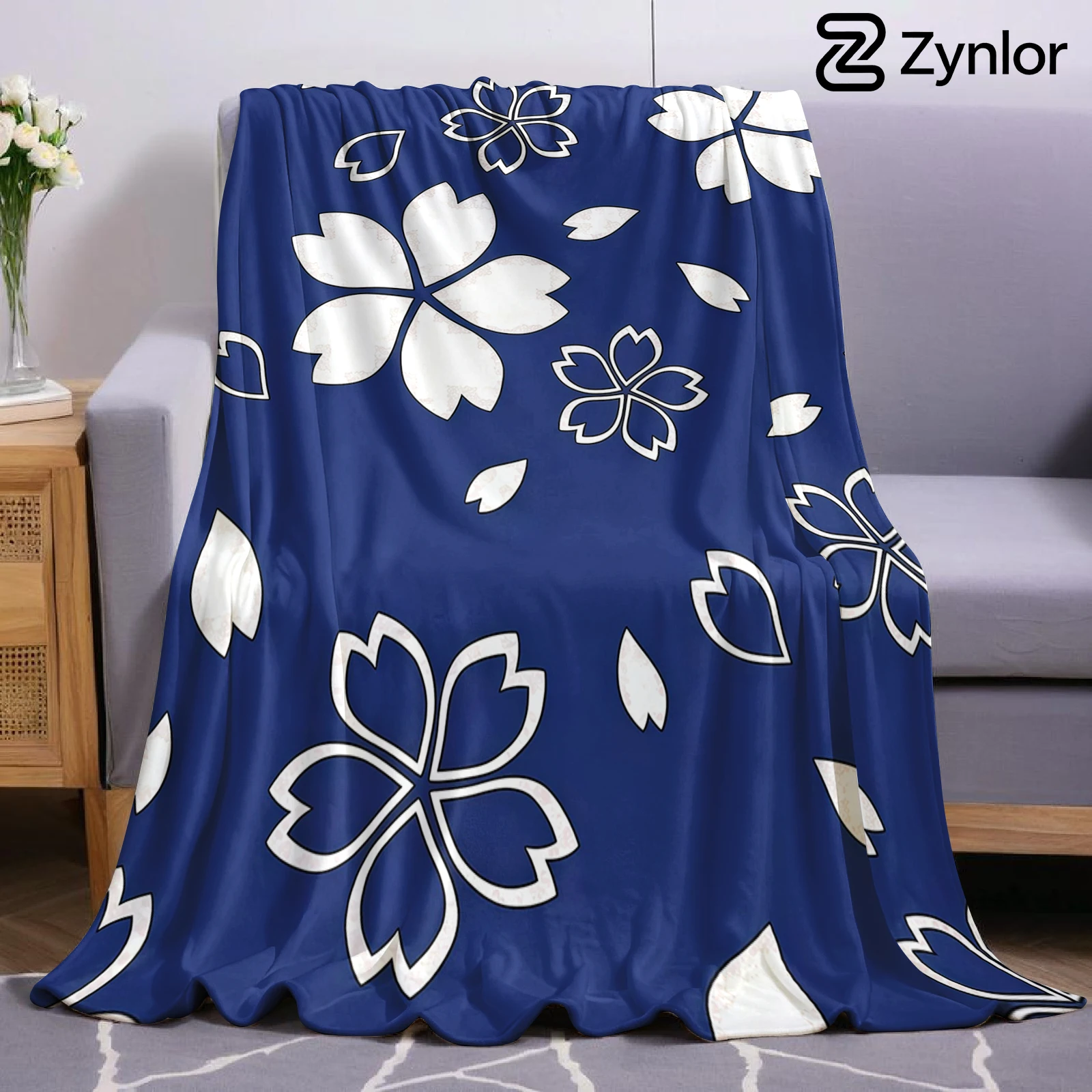 Navy Blue Cherry Blossom Ultra Soft Sherpa Fleece Blanket Fluffy Warm Halloween Cozy Throw for Couch Bedroom Gift All season