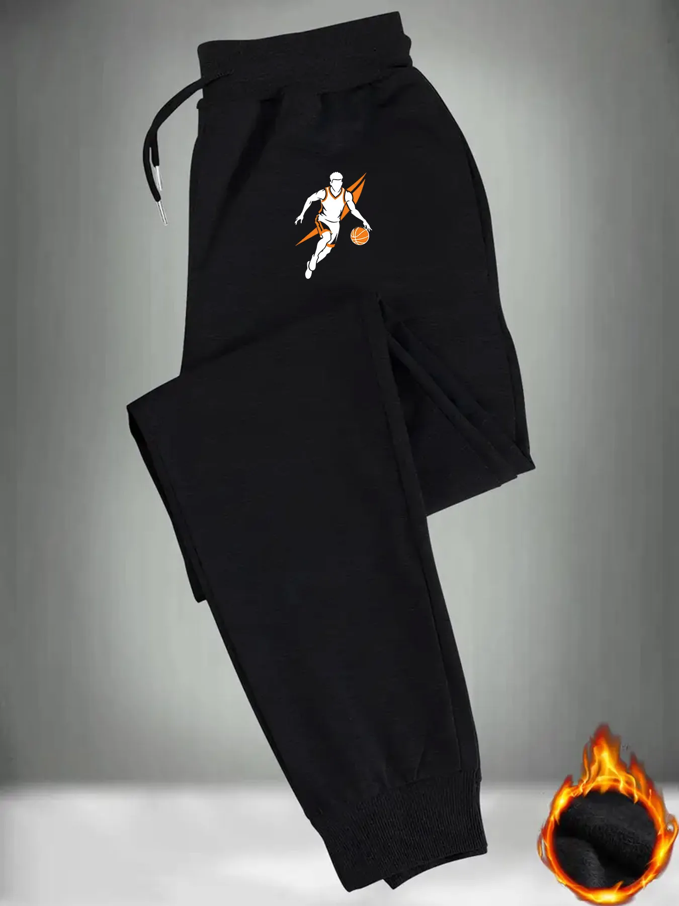 Men Winter Fleece Lined Jogger Pants Basketball Athlete Silhouette Graphic Print Elastic Drawstring Waist Comfortable