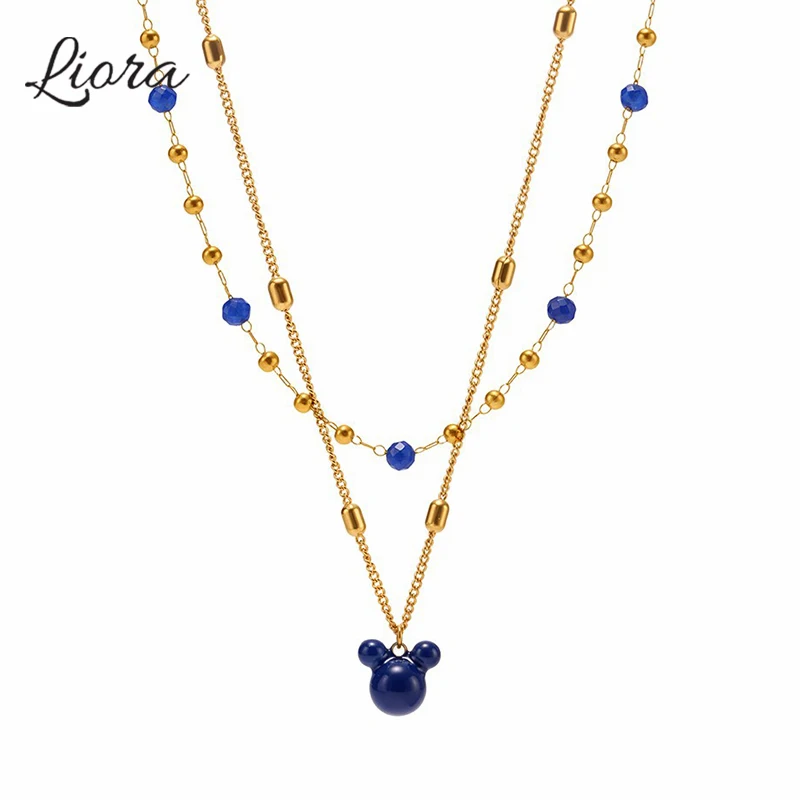 

Liora Distinctive Little Bear Pendant Necklace For Women Stainless Steel Blue Stone Chain Choker Popular Handmade Jewelry
