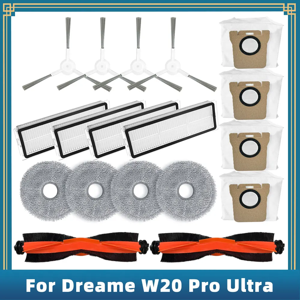 قطع غيار بديلة لـ Dreame W20 Pro Ultra ، ملحقات ، فرشاة جانبية رئيسية ، فلتر Hepa ، لوحة ممسحة ، كيس غبار ، RLW32LE