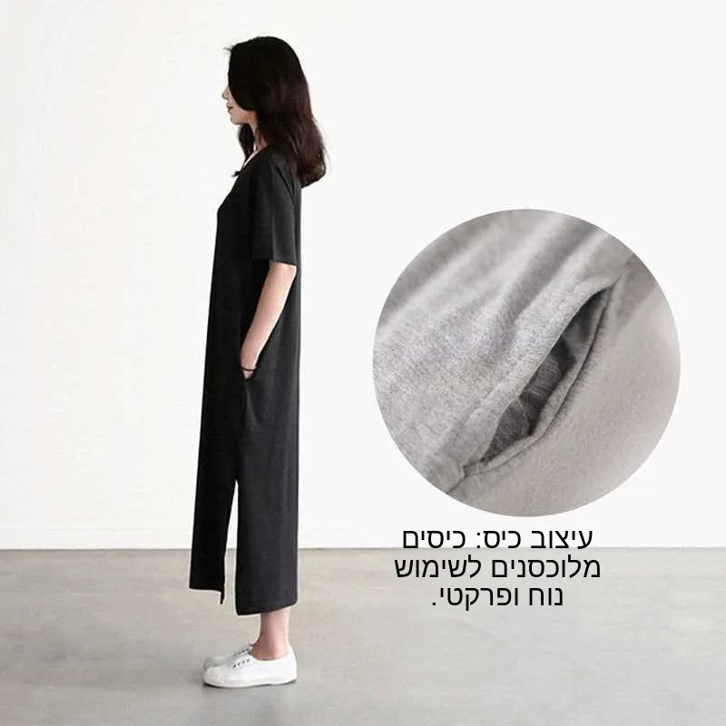 Summer New Modal Long Dress Short Sleeve Loose Split V-Neck Casual Organic Cotton A-Line Skirt Basic Style for Elderly Women