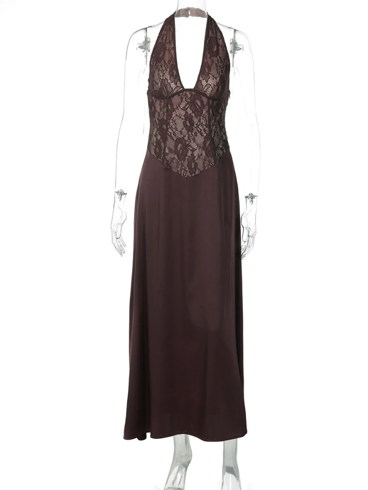 FDYOUI, vestidos de noche elegantes de satén con retazos de encaje para mujer, cuello Halter, espalda descubierta, túnicas de cintura alta, vestido largo de fiesta de cóctel 2026