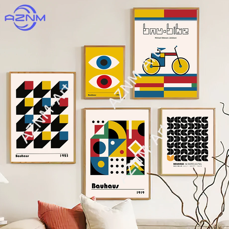 Impresiones de arte mural de estilo Bauhaus y moderno de mediados de siglo - Pósteres geométricos audaces, con bicicletas y ojos, para decoración contemporánea de la sala de estar
