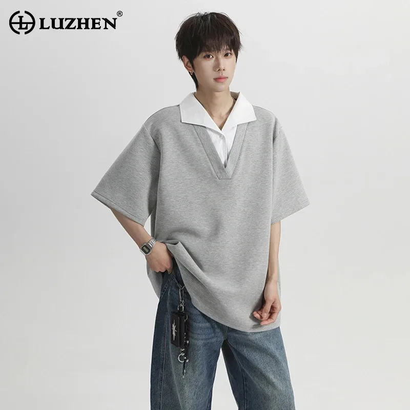LUZHEN Piece 2026 Color Summer Design Fake Contrast Two Lapel Short Sleeve T-shirts Men's Fashion Handsome Korean Tops JY8568