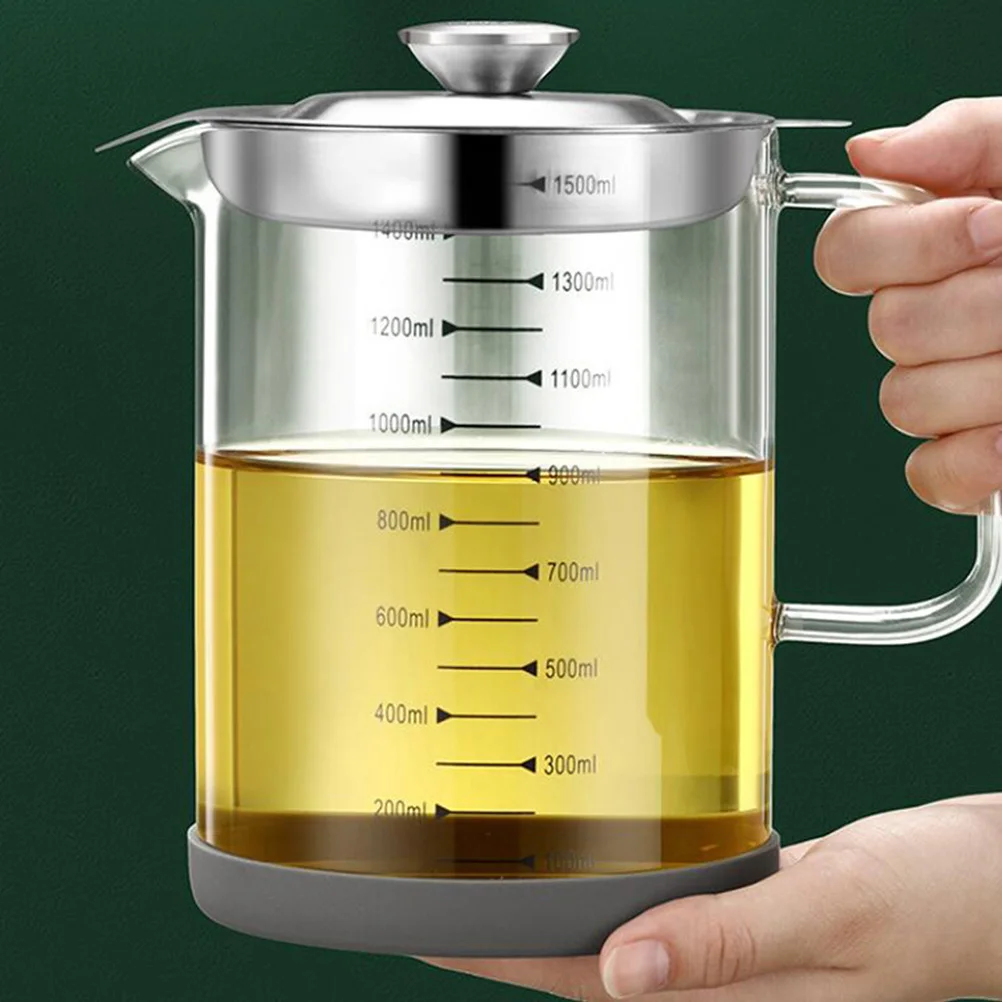 

1Pcs Glass Oil Storage Pot with Fine Strainer Filter Design for Residue-Free Pouring, Leak-Proof Spout, Dust Cover Protection,