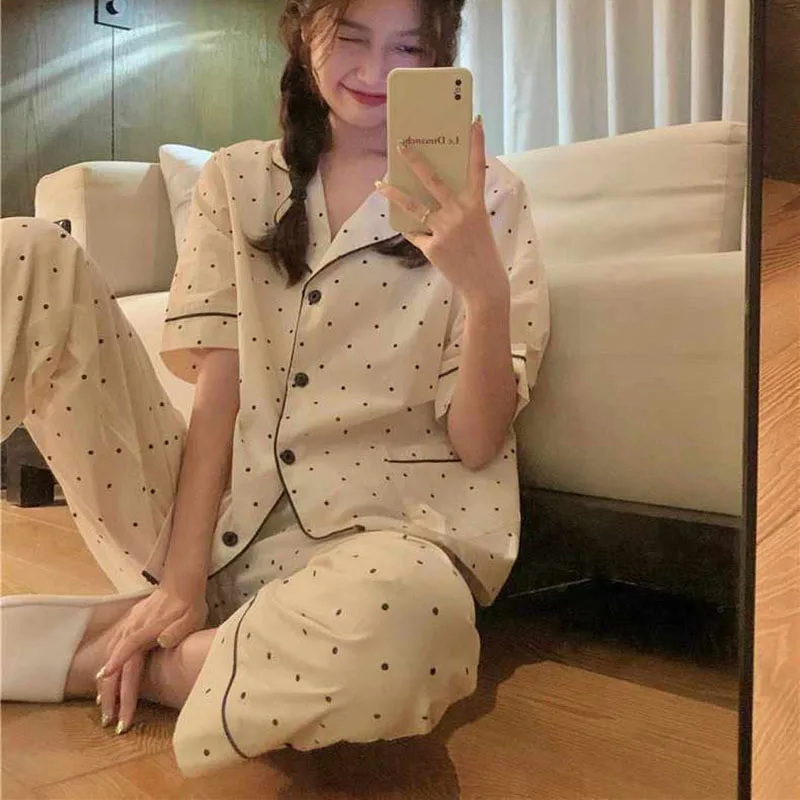 Polka Dot Sleepwear Women Pajama Sets Summer Piiama Korean Pants Sets 2 Pieces Home Suit Button Night Wears Short Sleeve Pyjamas