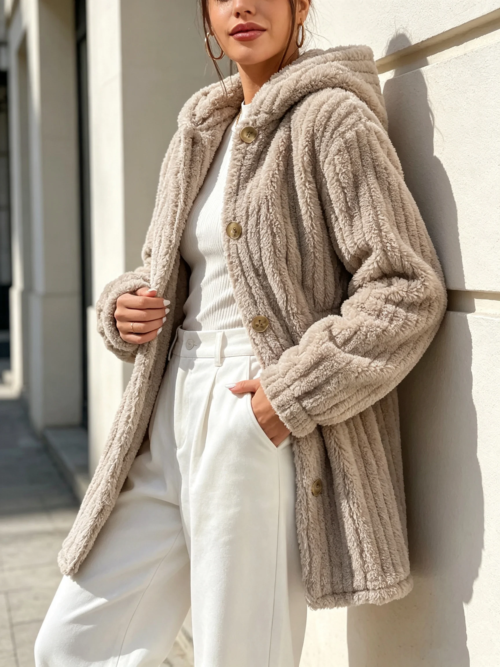 Elegant Casual Long Coat for Women with Furry Texture Fashionable Outerwear