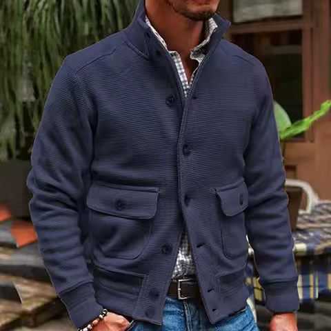 Chaqueta informal de otoño e invierno para hombre, suéter sin sombrero con bolsillo liso y botones, chaqueta sencilla de color sólido a prueba de viento para exteriores