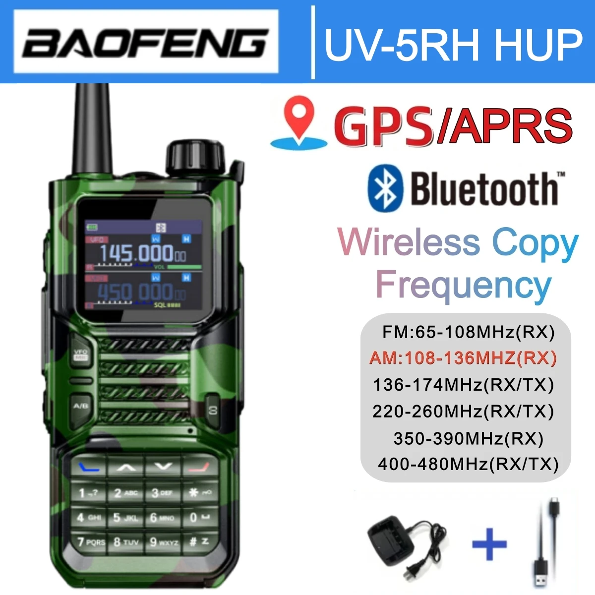 Baofeng Uv-5RH HUP نظام تحديد المواقع/Aprs طويلة المدى أجهزة اتصال لاسلكية مجموعة التخييم هام راديو بلوتوث البرمجة نوع-C شاحن