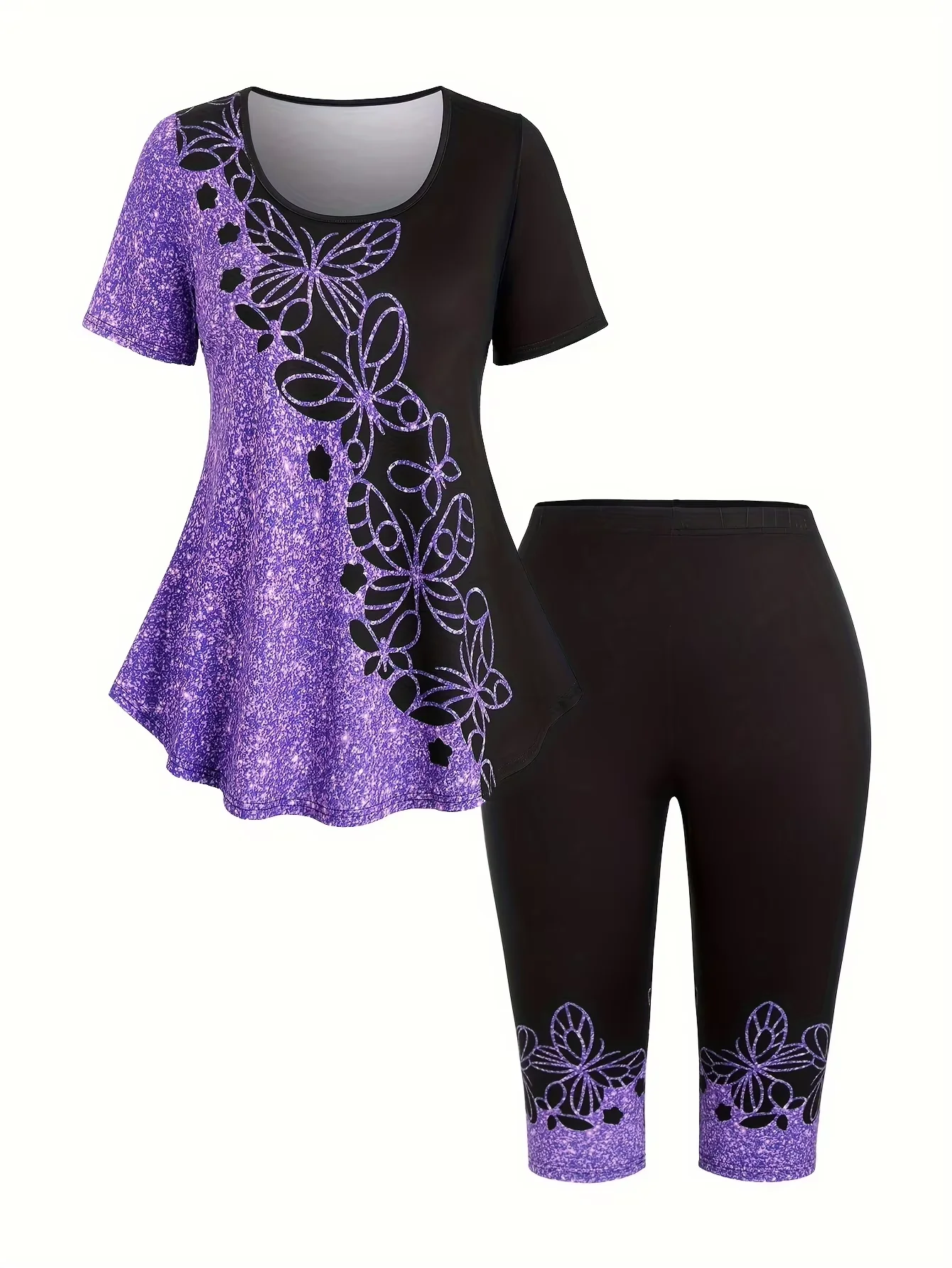 

plus Size Butterfly Print Sequined T-Shirt European American Fashion Short Sleeve Color Matched Crop Top for Women